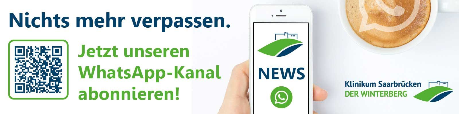 Kaffeetasse und Handy mit WhatsApp-Symbol: Keine News mehr verpassen - jetzt den WhatsApp-Kanal des Klinikums Saarbrücken abonnieren Klinikum_Saarbruecken_WhatsApp_Kanal_Homepage_Slider.jpg