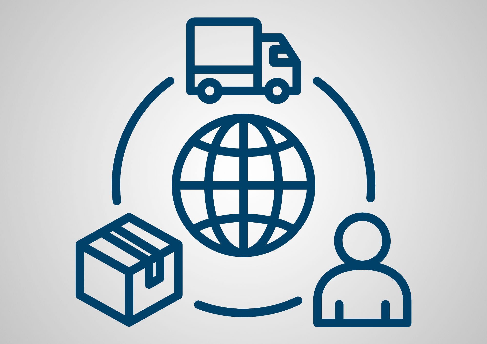 Graphik: Weißer Vordergrund mit Erde, darum im Kreis die Elemente der Lieferkette aus einem Menschen, einem Paket und einem LKW