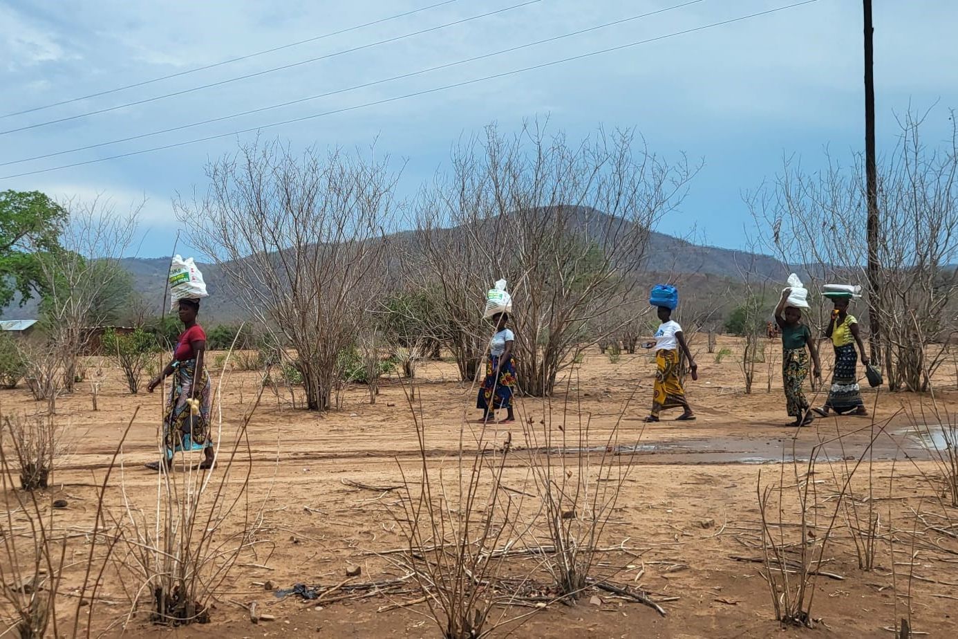 Afrikanische Frauen tragen ihre Habseligkeiten auf dem Kopf durch die Wüste. 