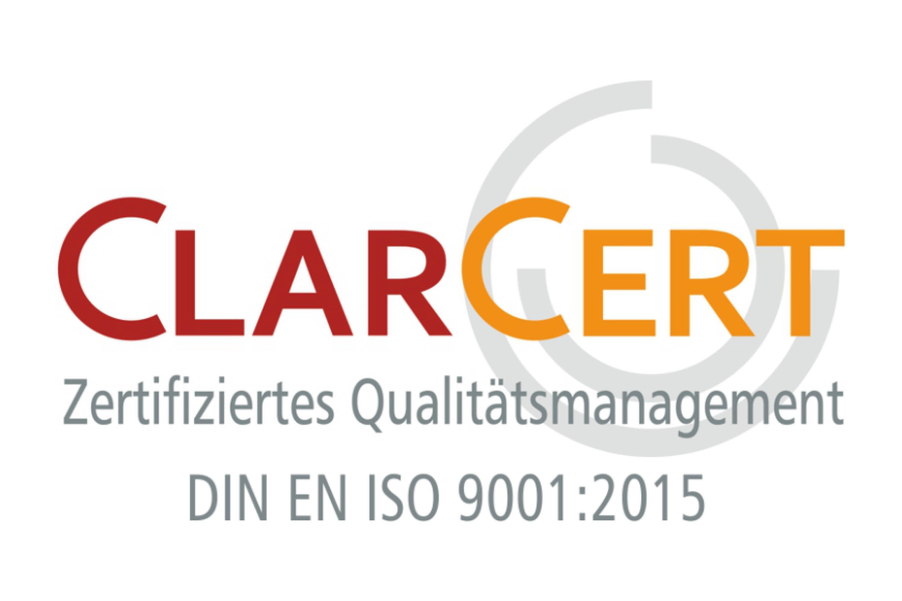ClarCert Logo: Zertifiziertes Qualitätsmanagement, DIN EN ISO 9001:2015_web