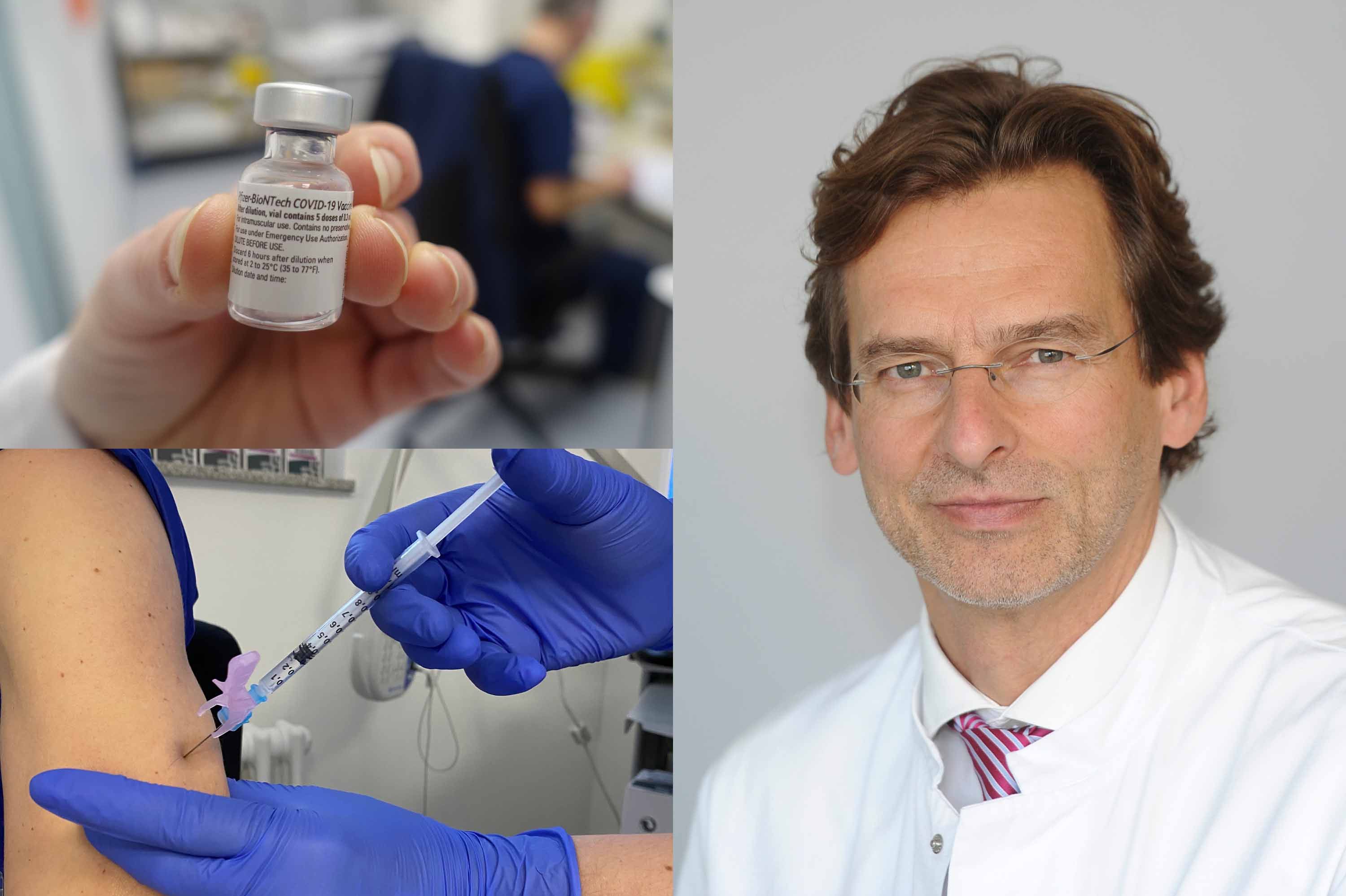 Collage: Corona-Impfstoff und Arm mit Impfspritze, Portraitfoto Daniel Grandt, Chefarzt im Klinikum Saarbrücken