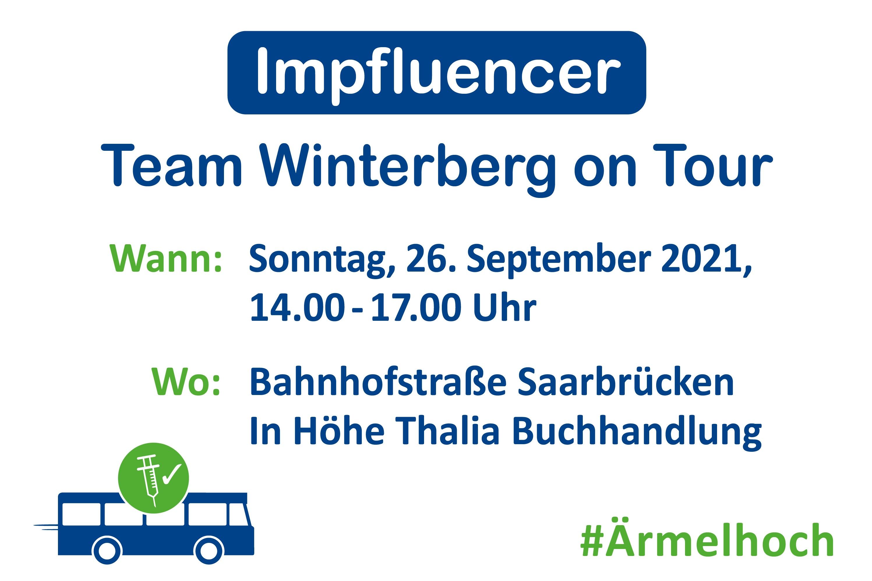 Symbolbild: Team Winterberg on Tour, der Impfbus in Kooperation mit dem Klinikum Saarbrücken ist am 26.09.2021 von 14:00 bis 17:00 Uhr in der Saarbrücker Innenstadt in der Bahnhofstraße