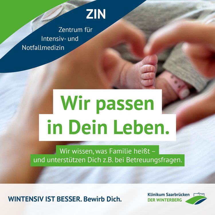 Kampagnenmotiv "Wintensiv ist besser" im Klinikum Saarbrücken für Intensivpflegekräfte: Wir passen in Dein Leben. Wir wissen, was Familie bedeutet, und unterstützen dich bspw. bei Betreuungsfragen.