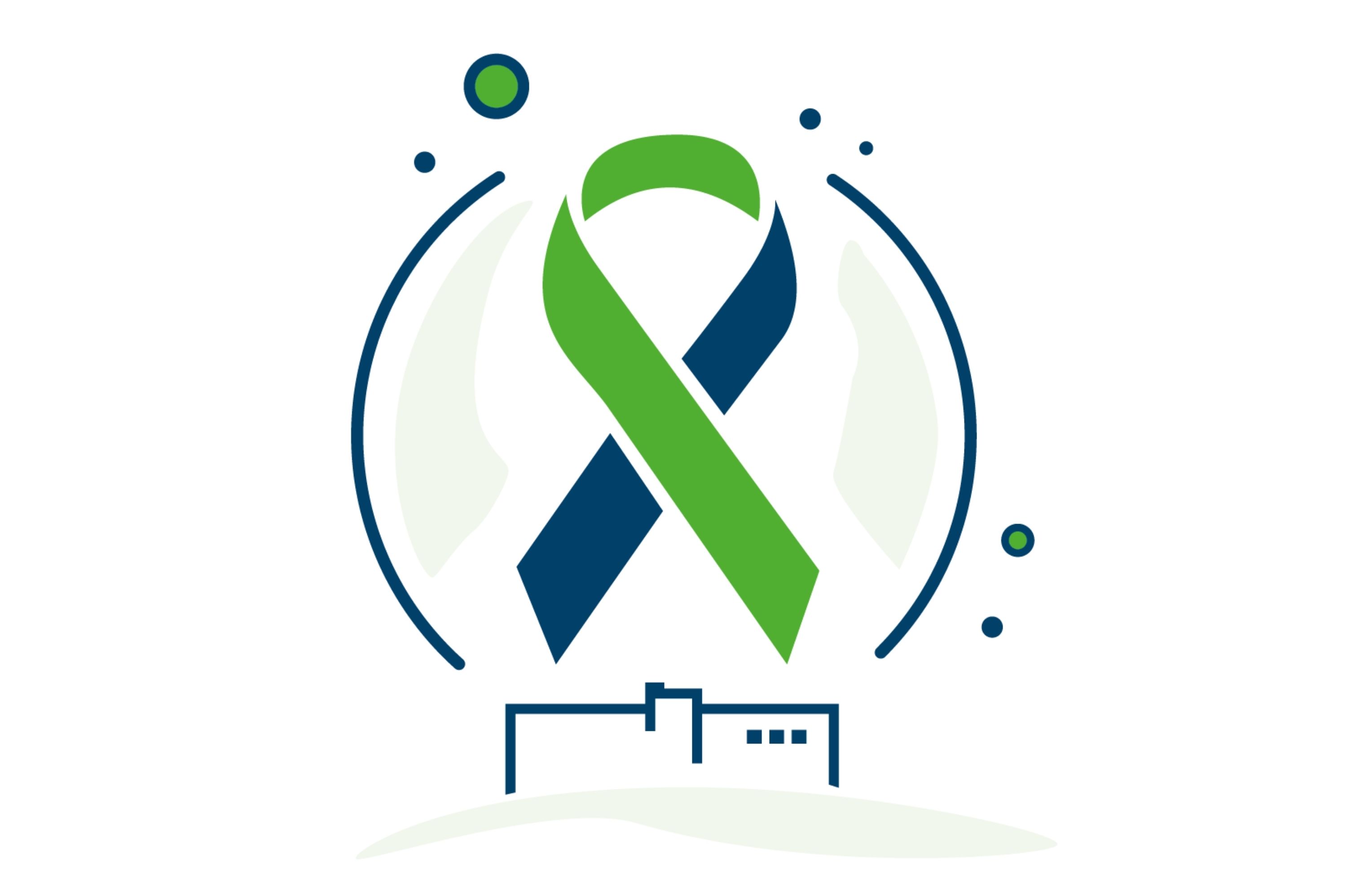 Icon: onkologische Schleife in den Winterberg-Farben Grün und Blau über dem Klinikum Saarbrücken