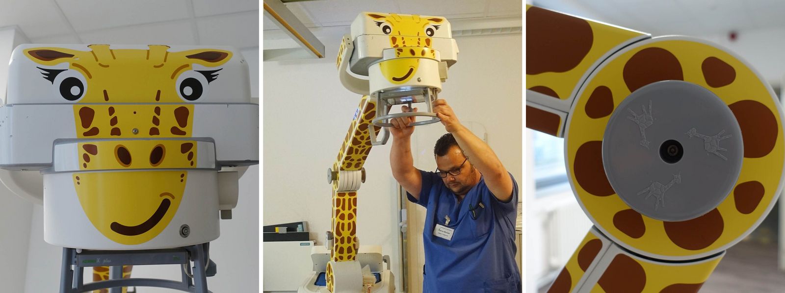 Collage der sogenannten Giraffe, einem mobilen Röntgengerät, das in der Kinderklinik im Einsatz ist. Das Gerät erinnert von der Optik an eine Giraffe.  Radiologie_Slider_3.jpg