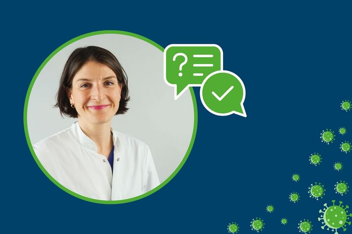 Grafik mit einem Portrait von Dr. Marie-Claire Detemple sowie einem Icon, das Frage und Antwort symbolisiert sowie graphisch dargestellten Viren in der Ecke.