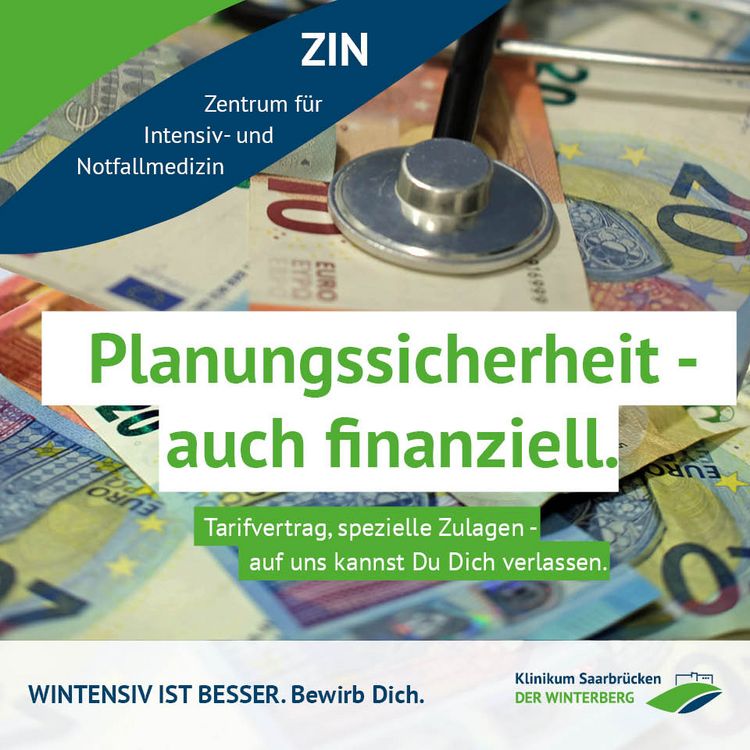 Kampagnenmotiv "Wintensiv ist besser" im Klinikum Saarbrücken für Intensivpflegekräfte: Planungssicherheit - auch finanziell. Tarifvertrag, spezielle Zulagen - auf uns kannst du dich verlassen.