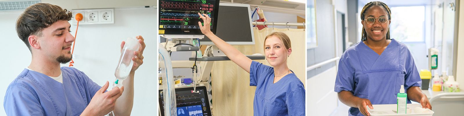 Collage mit drei Auszubildenden im Bereich Pflege beim Arbeiten im Klinikum Saarbrücken Slider_Ausbildung_Pflege.jpg