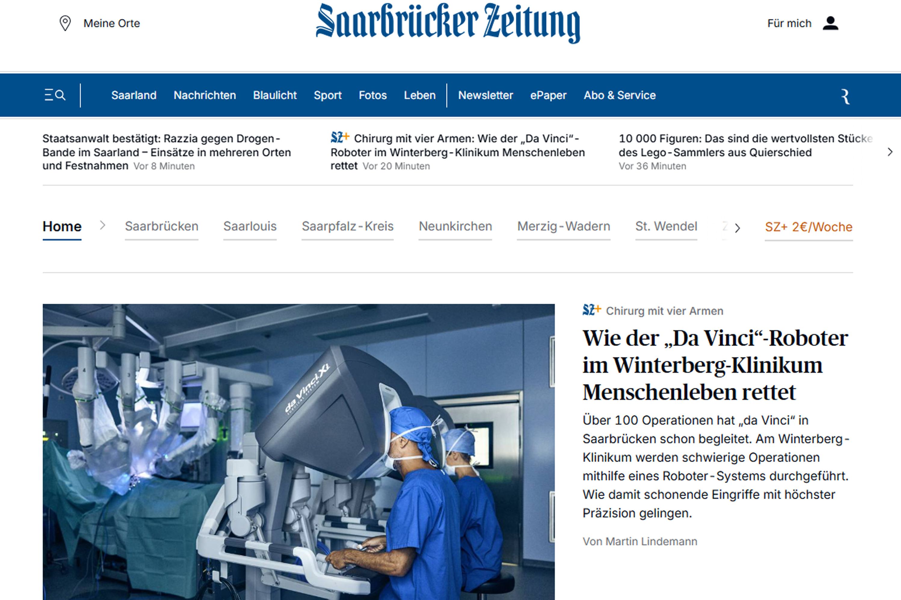 Bildschirmfoto eines Zeitungsartikels aus der Saarbrücker Zeitung über den Einsatz des DaVinci-Operationsroboters im Klinikum Saarbrücken.  