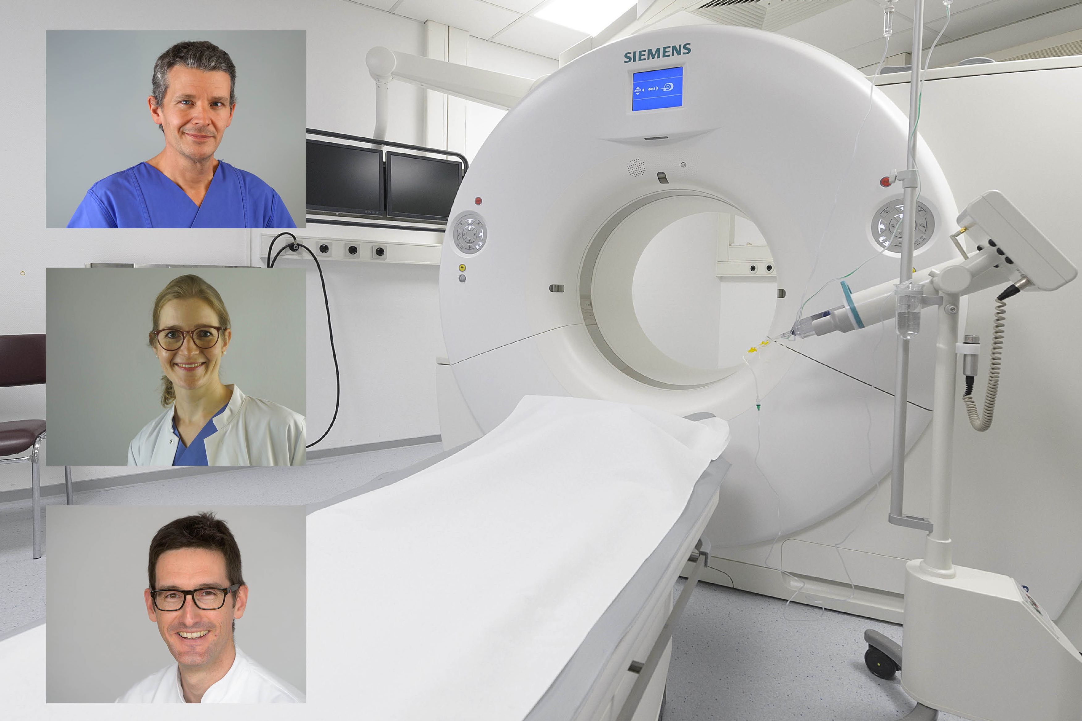Ansicht eines Computertomographen im Klinikum Saarbrücken. Links eingesetzt (von oben nach unten) sind die Portraits von Oberarzt Kristian Hartleb(Klinik für Innere Medizin 2), Fachärztin Dr. Susanne Biehl (Klinik für Innere Medizin 1)  und Oberarzt Dr. Axel Böcking (Klinik für Anästhesie). 