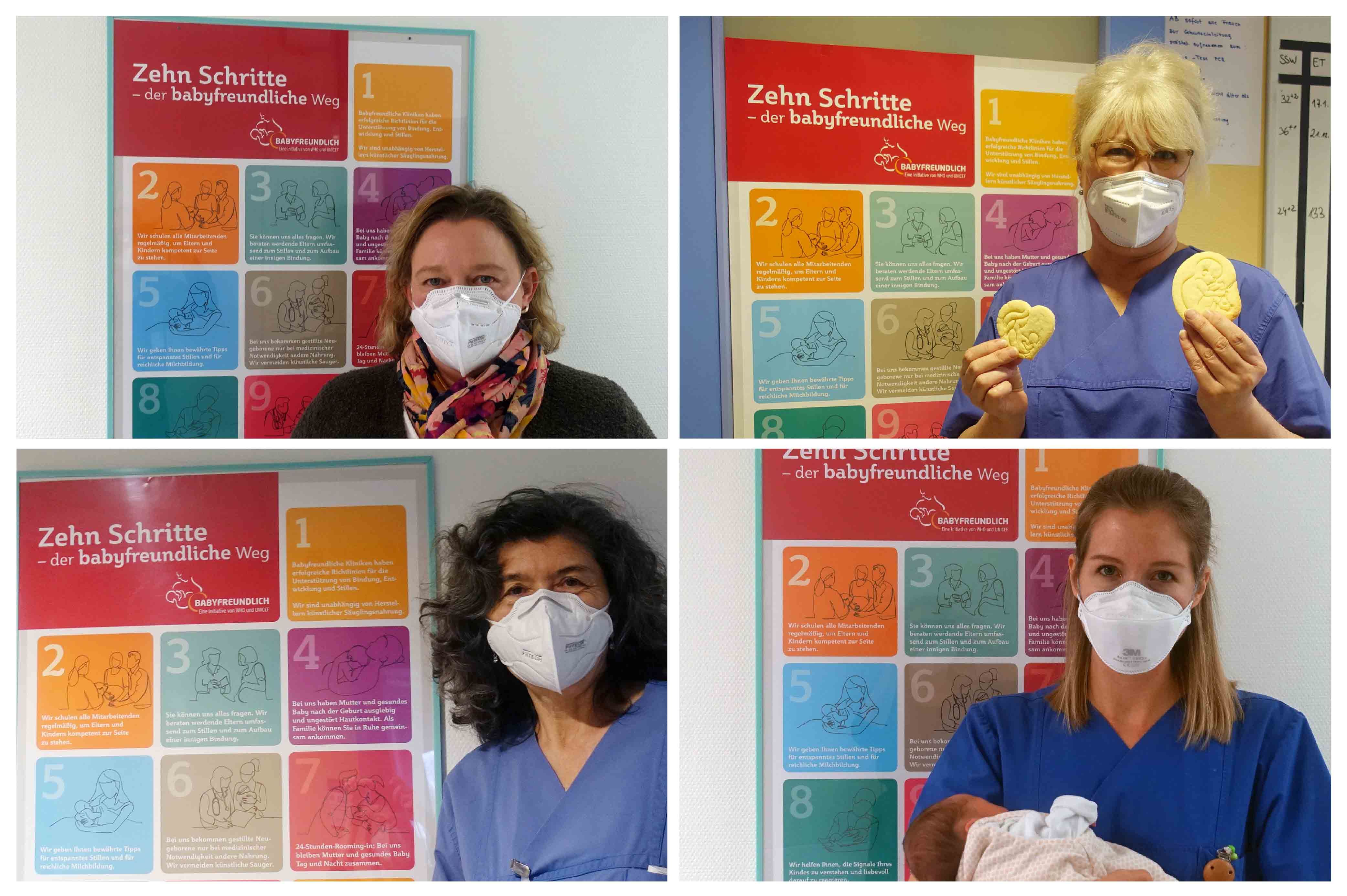 Collage Mitarbeiterinnen im Klinikum Saarbrücken vor Plakat: Der babyfreundliche Weg