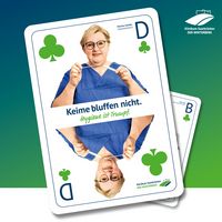 Grafik zur Hygienekampagne "Hygiene ist Trumpf", Stationsleiterin Martina Sander: Keime bluffen nicht. 