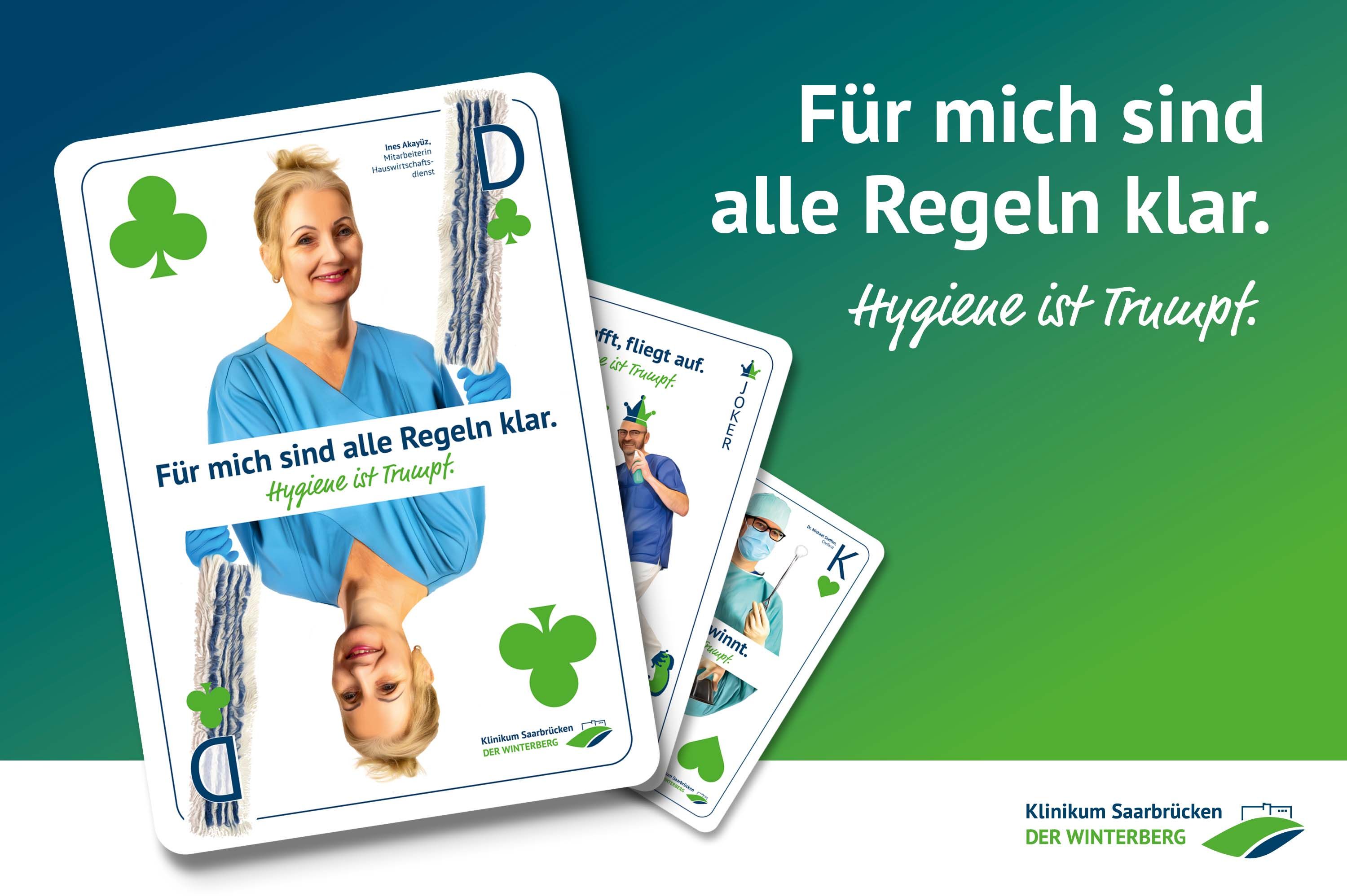 Hygienekampagne im Klinikum Saarbrücken: Hygiene ist Trumpf mit dem Motiv "Für mich sind alle Regeln klar" mit Ines Akayüz, Mitarbeiterin Hauswirtschaftsdienst