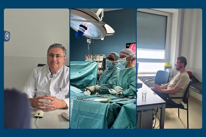 Das Bild zeigt drei Ausschnitte - ein GEspräch mit einem Arzt, eine OP-Situation und der Patient während des Arztgesprächs.