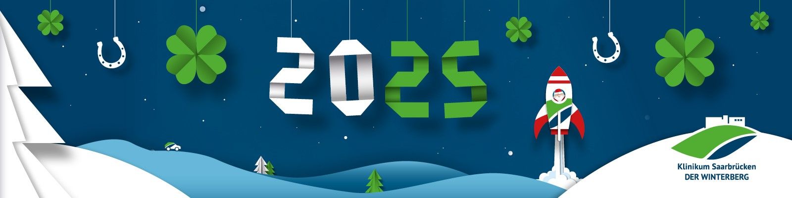 Grafik: Kleeblatt und Hufeisen vor blau-weißer Berglandschaft, mit Jahreszahl 2025 und Rakete mit Winterberg-Logo Neujahrswuensche_Slider.jpg