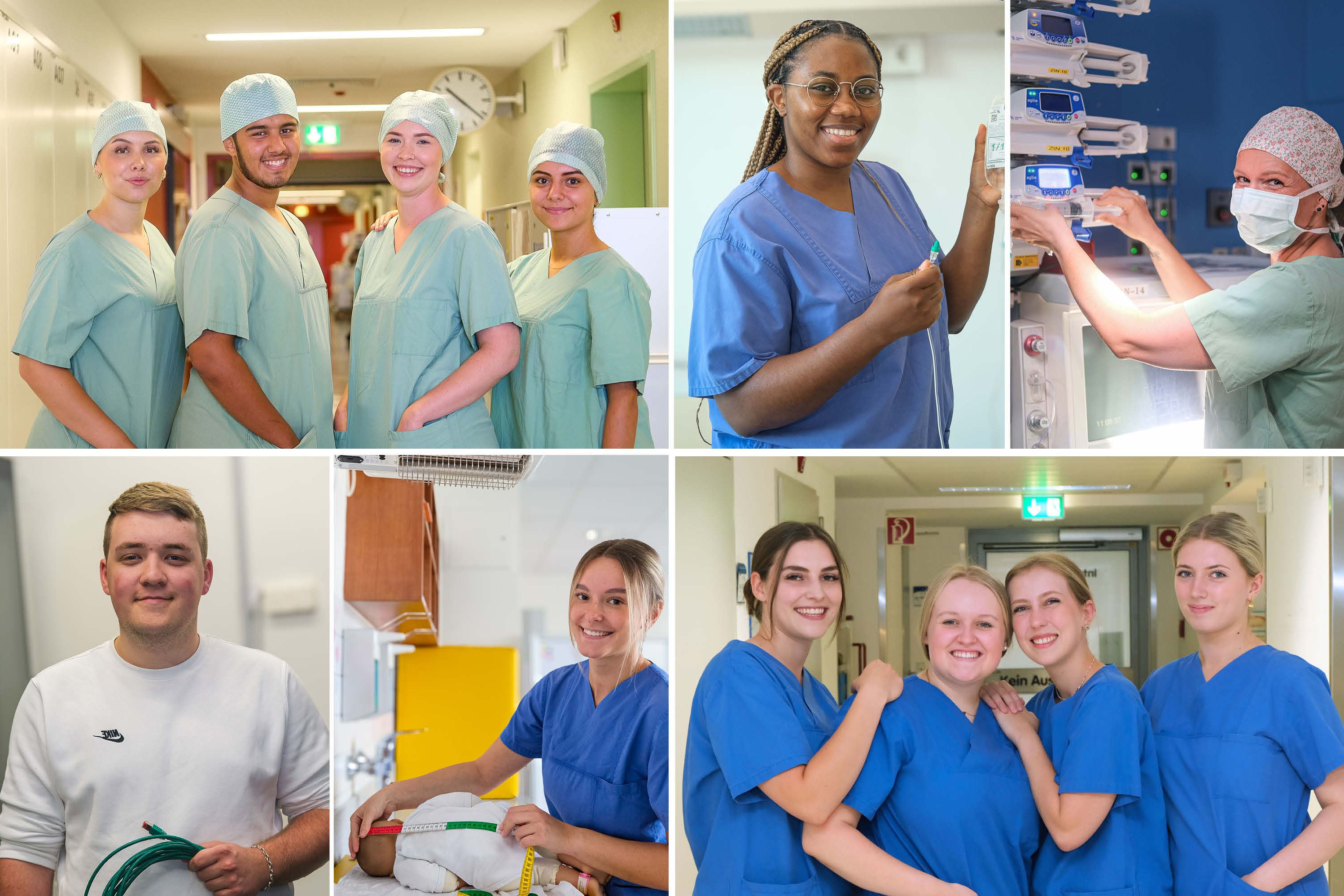 Collage mit Auszubildenden verschiedenster Ausbildungsberufe im Klinikum Saarbrücken: Azubis der Operationstechnischen Assistent, Auszubildende zur Pflegefachfrau, Auszubildende der Anästhesietechnischen Assistenz, Auszubildender zum Fachinformatiker, Studentin der Hebammenwissenschaft und Auszubildende zur Pflegefachfrau mit Fachweiterbildung Intensivpflege und Anästhesie