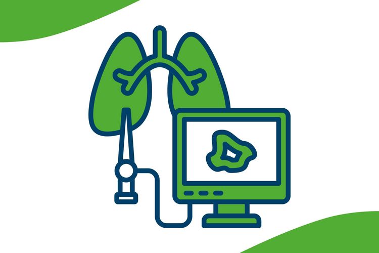 Icon in blau und grün von einem Bronchoskop mit Bildschirm 