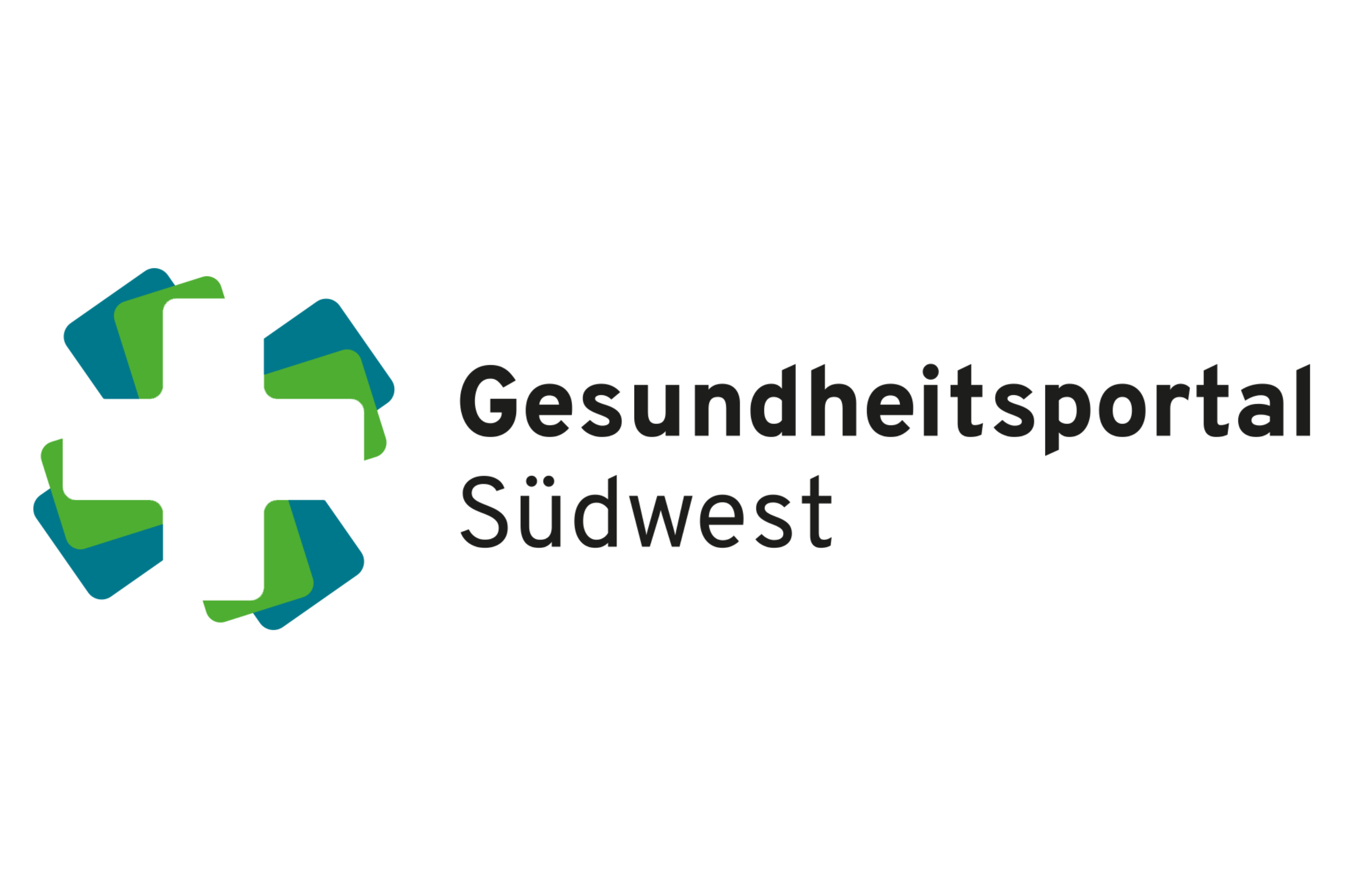 Leicht überlappendes medizinisches Kreuz-Symbol in den Farben Weiß, Grün und Blau: Logo Gesundheitsportal Südwest