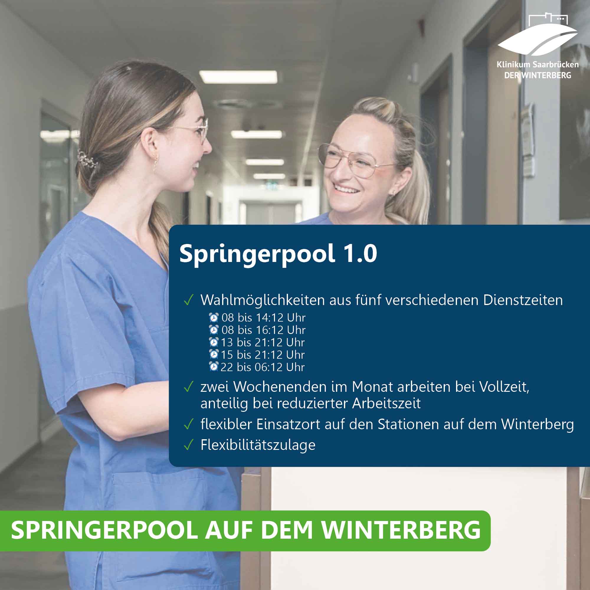 Pflegekräfte im Klinikum Saarbrücken und Übersicht über das Angebot im Springerpool 1.0