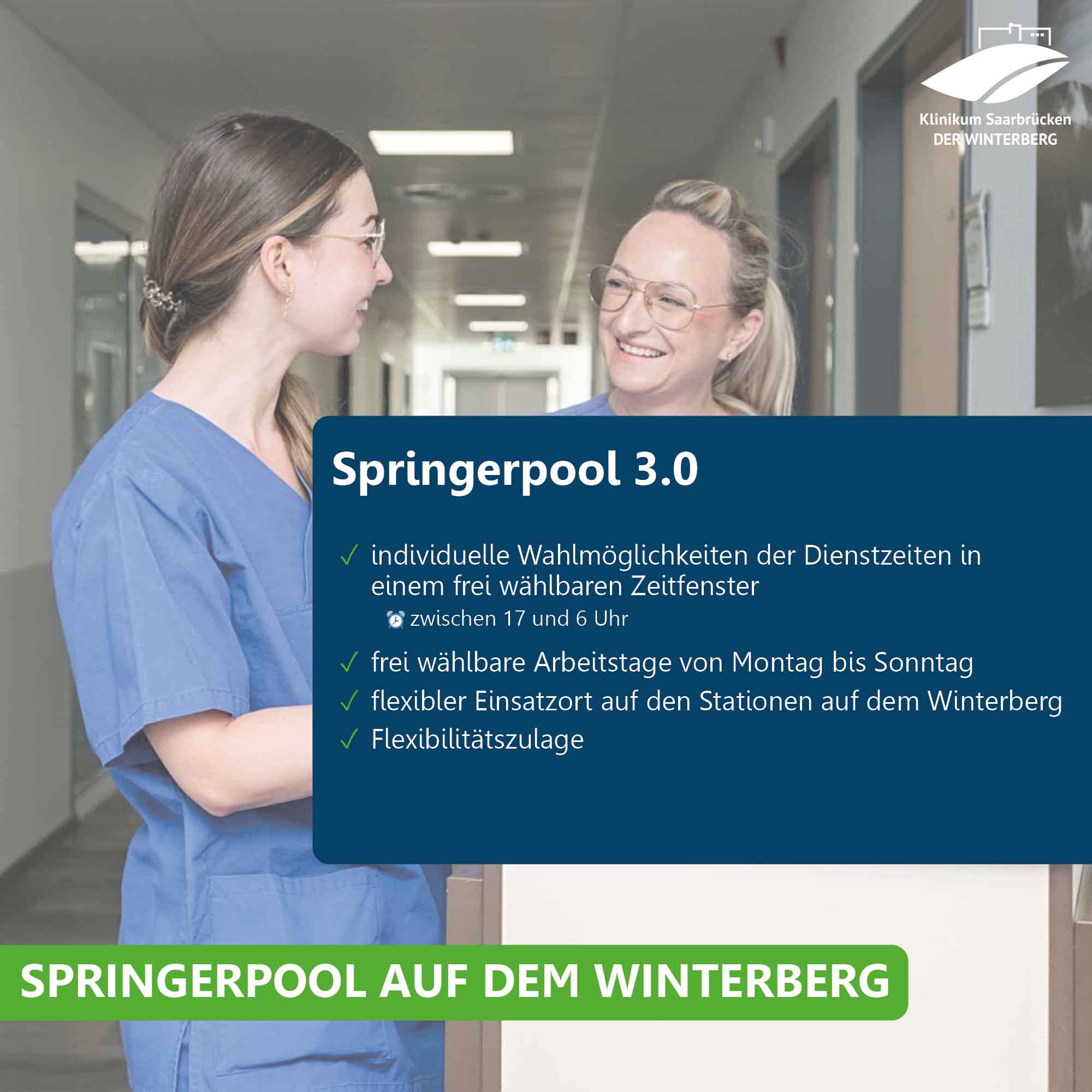 Pflegekräfte im Klinikum Saarbrücken und Übersicht über das Angebot im Springerpool 3.0