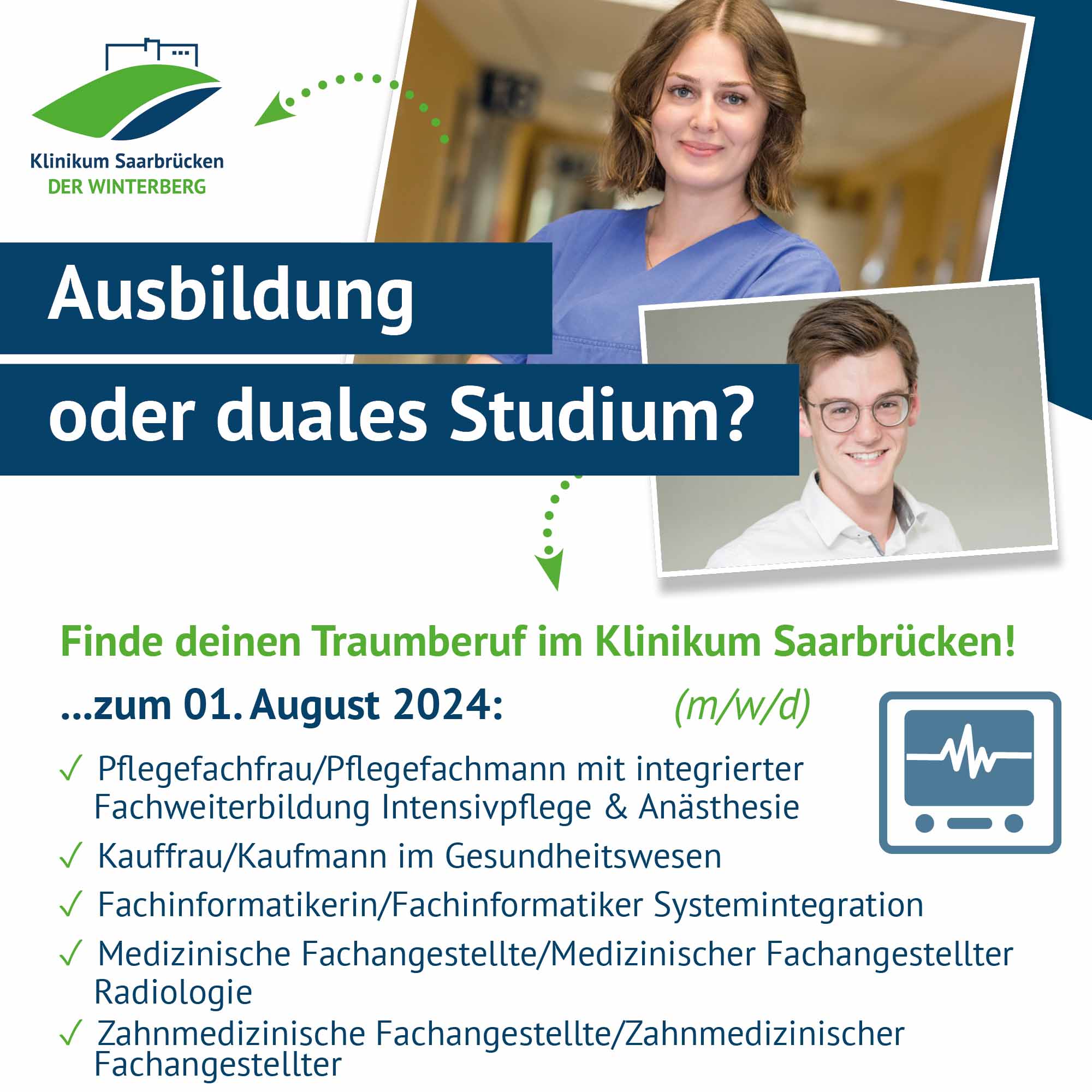 Übersicht über die Ausbildungsberufe im August 2024 im Klinikum Saarbrücken auf dem Winterberg