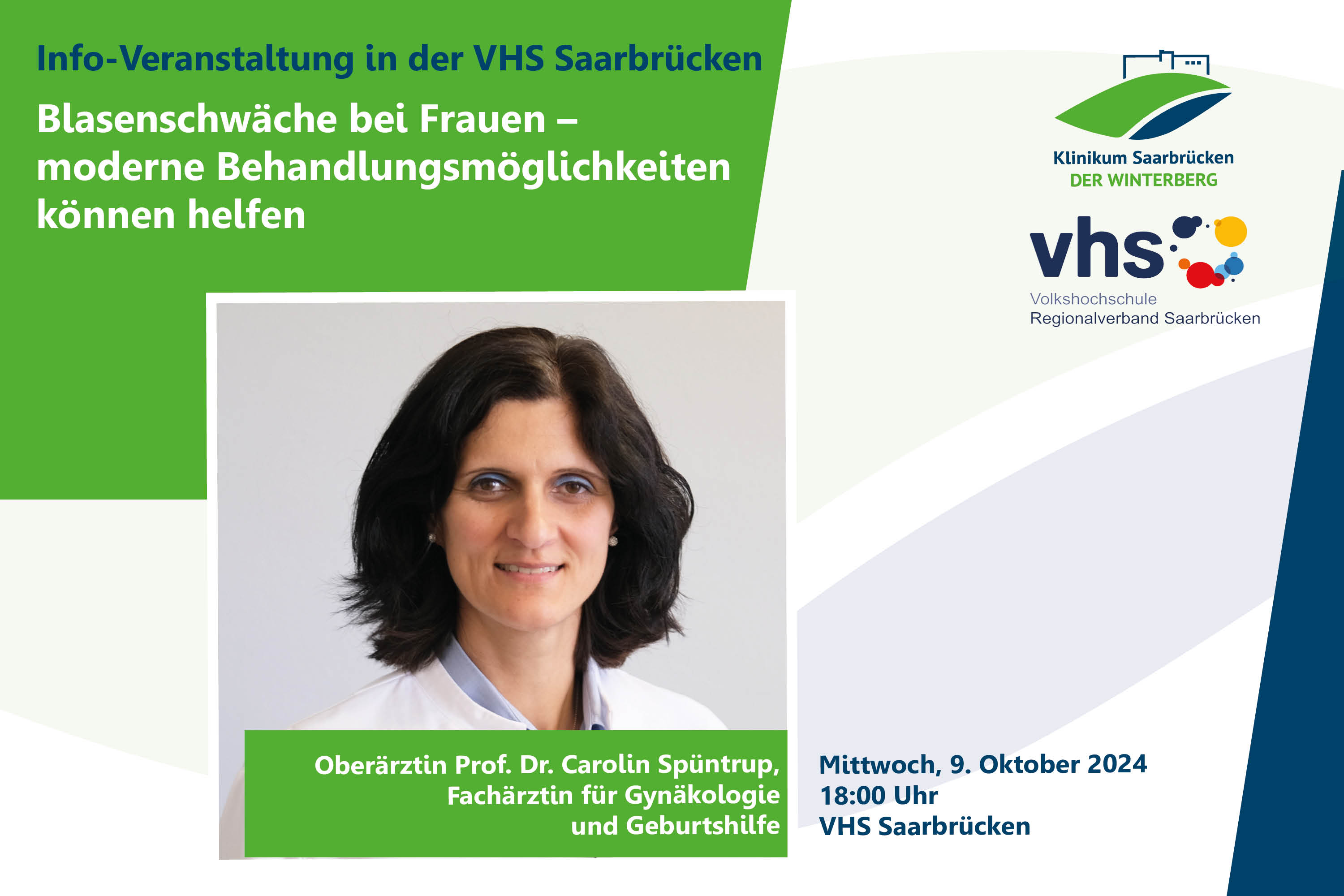 Grafik: Medzinwissen für Laien in Kooperation mit der VHS Saarbrücken: Blasenschwäche bei Frauen - moderne Behandlungsmöglichkeiten können helfen am Mittwoch, 9. Oktober 2024, um 18 Uhr  